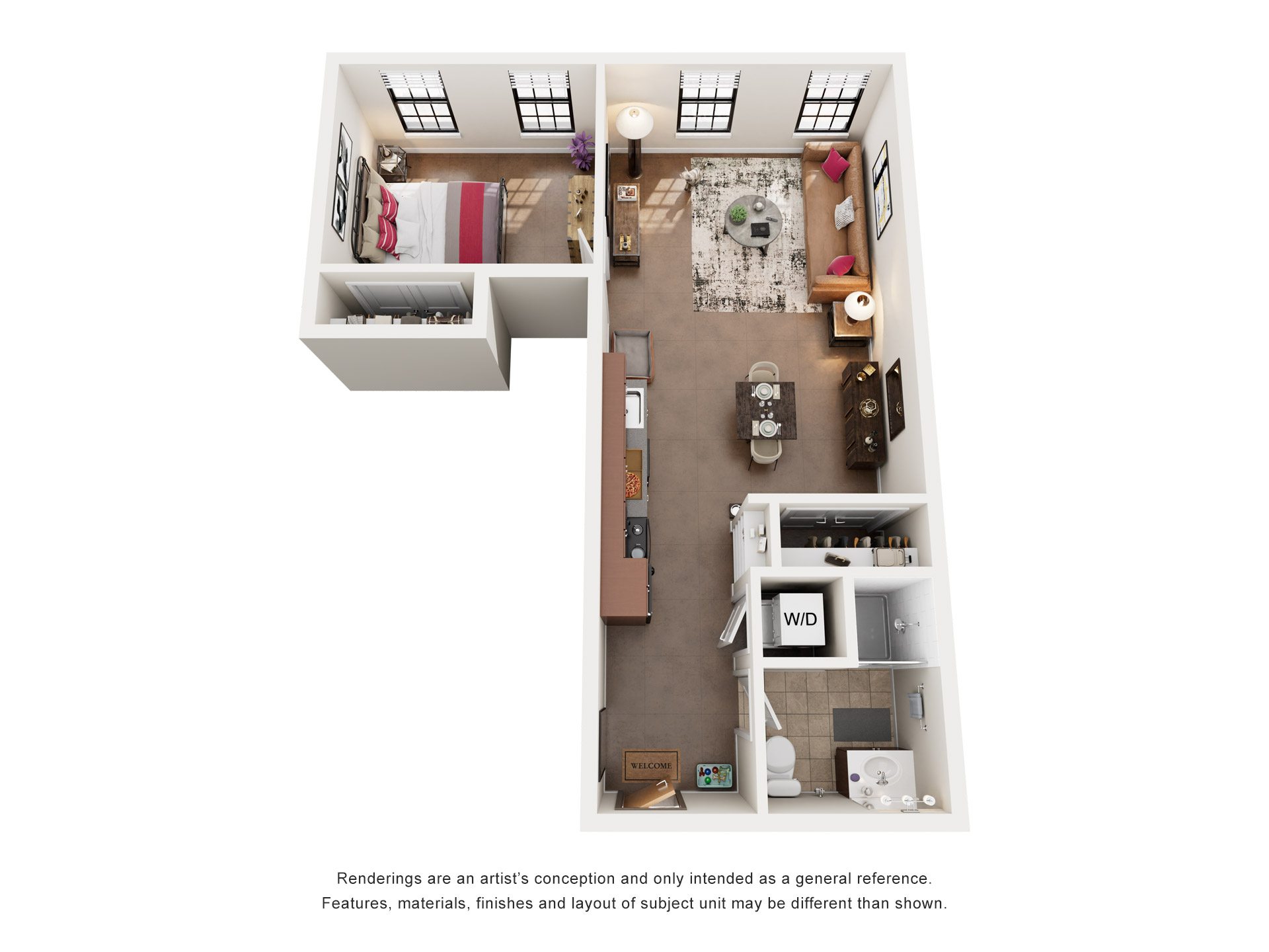 Floor plan for 1 bed, 1 bath, 624 sqft